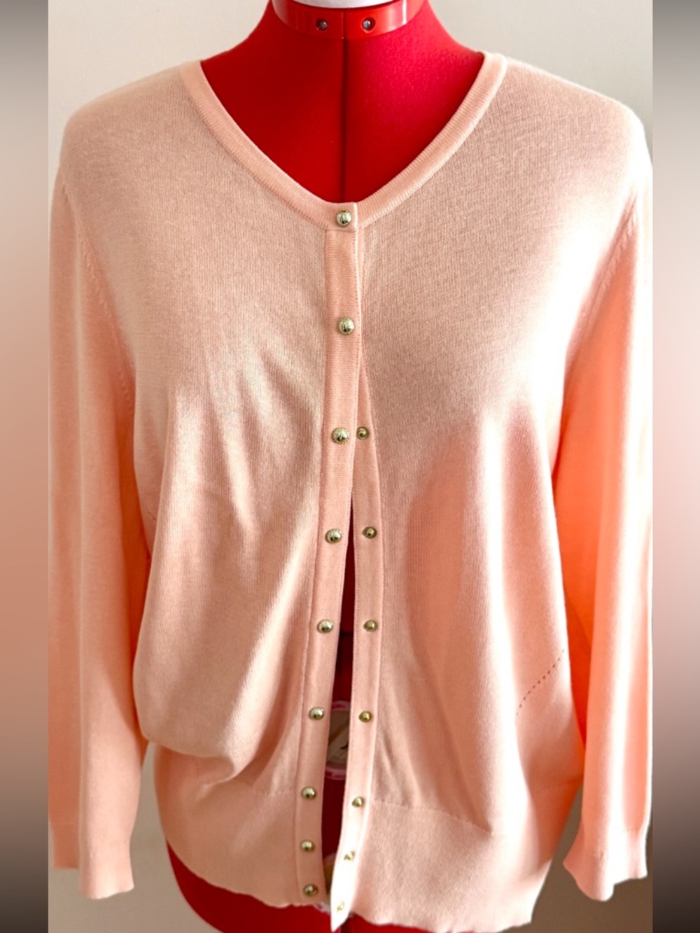 White House Black Market Salmon Pink Cardigan Stud Buttons 3/4 Sleeves Women XL